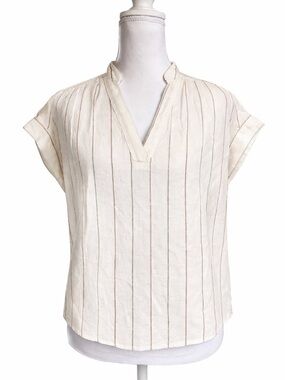 a.n.a Linen Blend Blouse XS Cream Stripe Lightweight Short Sleeve Top Boho